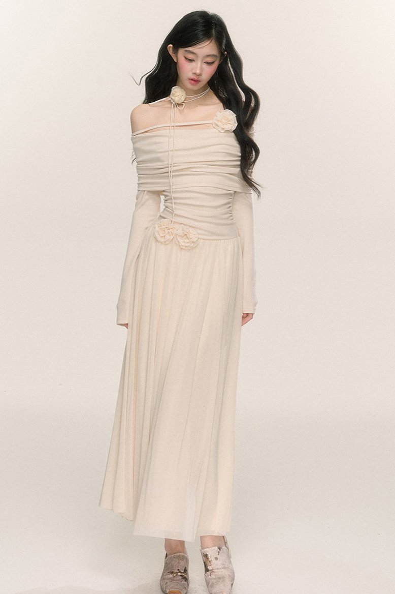 Long-Sleeve One-Shoulder Maxi Dress