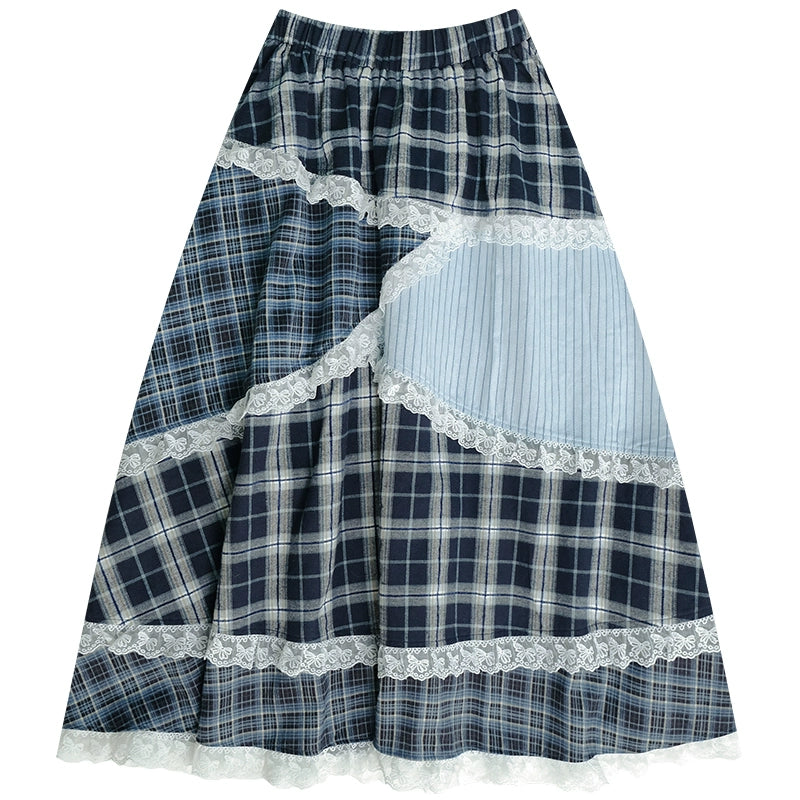 Niche Design Plaid Lace Patchwork Skirt