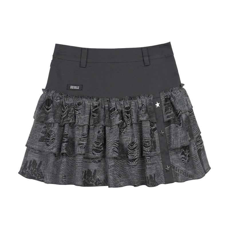 SagiDolls Teenage Fighting Spirit Black Ripped Newspaper Print Millennial Cool High Waisted Cake Rock Hottie Skirt