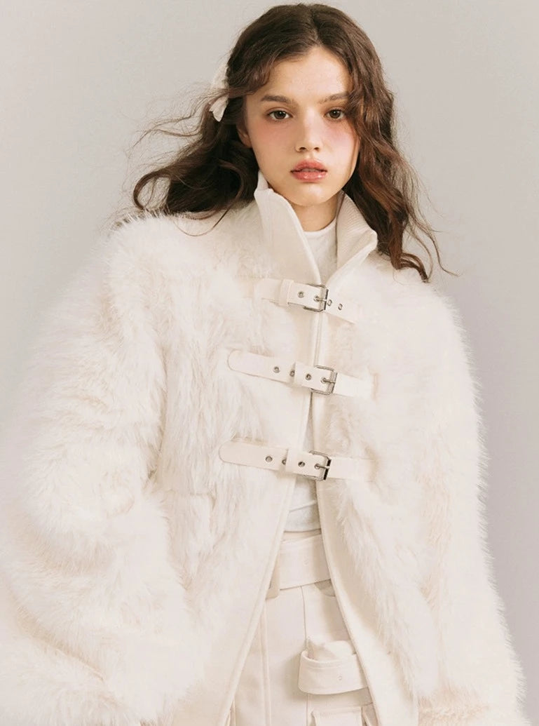 Leather Buckle Wrapping Loose Fur Jacket