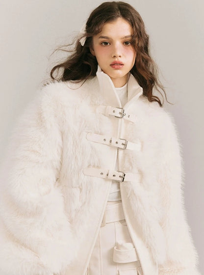 Leather Buckle Wrapping Loose Fur Jacket