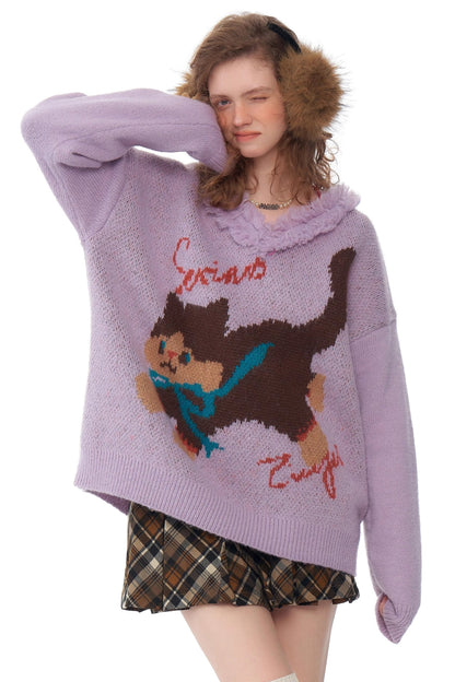 Purple Plush Lazy Cat Sweater