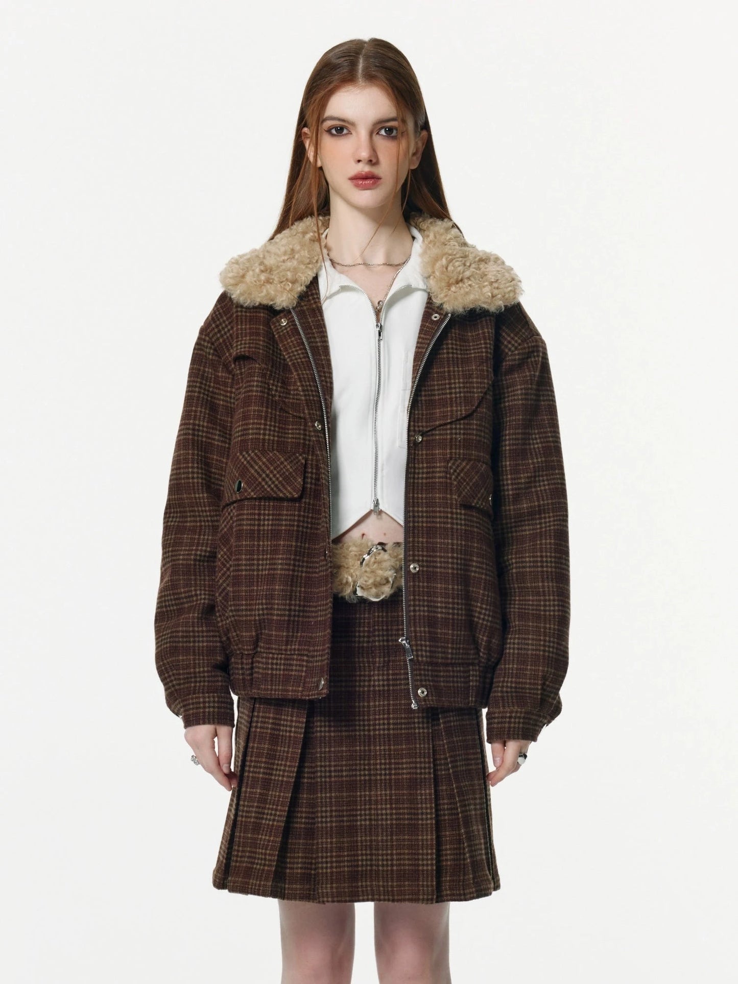 Thickened plaid short  Coat With Skirt Set