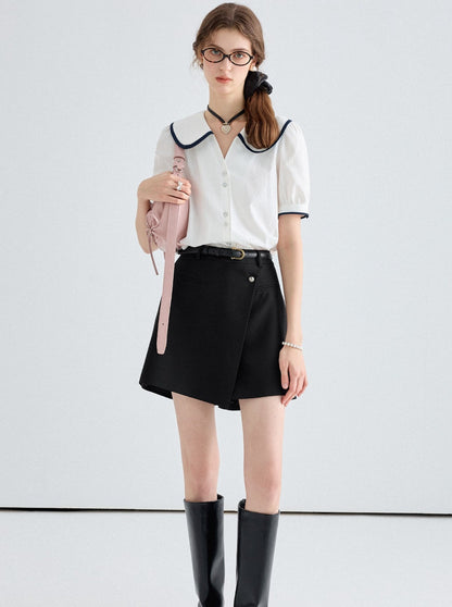 Elegant Contrast Lapel Short Sleeve Top