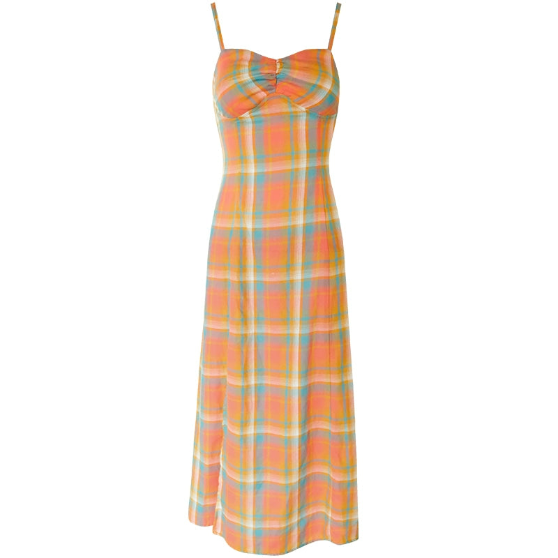 Orange Check Cinched Slip Dress