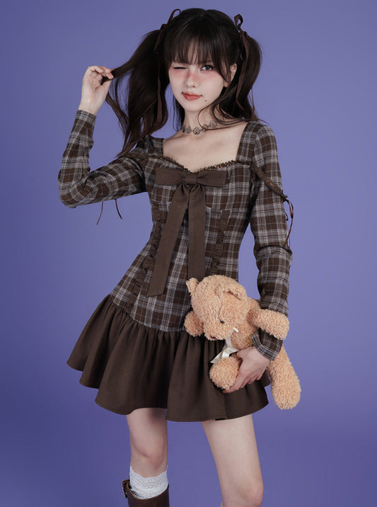 fighting spirit brown plaid bow dress