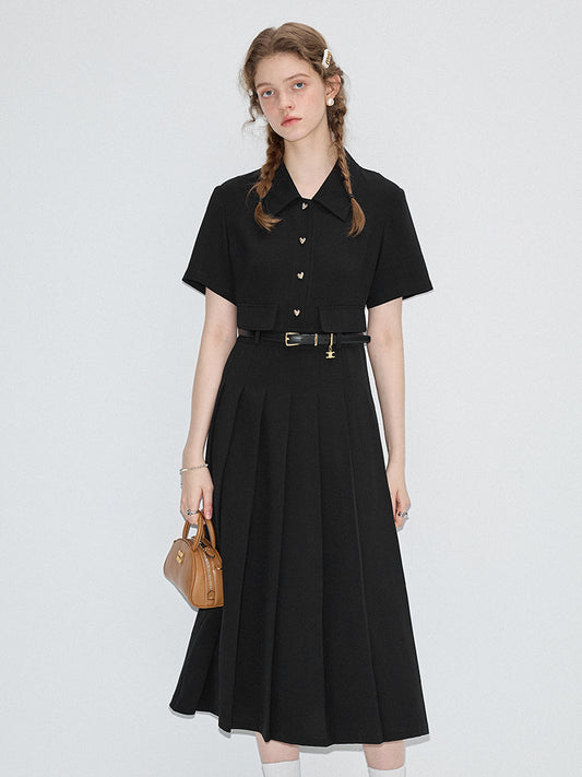 Slim Pleated Black Shirt Dress