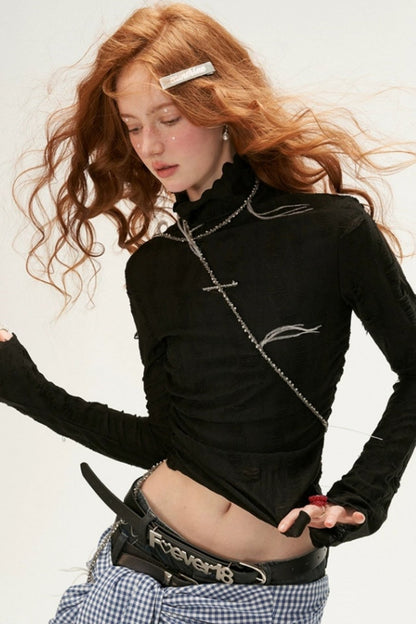 High Neck Black Trim Long Sleeve Top