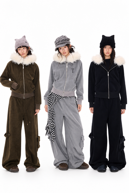 Detachable Fur Hood Jacket and Pants Set-Up