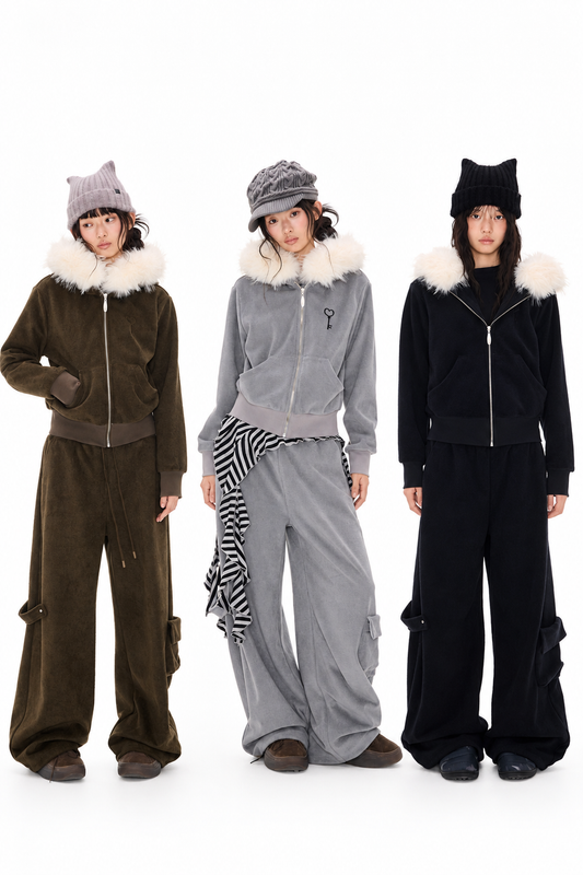 Detachable Fur Hood Jacket and Pants Set-Up