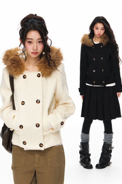 Wool Double-Breasted Fur Collar Coat Set-Up