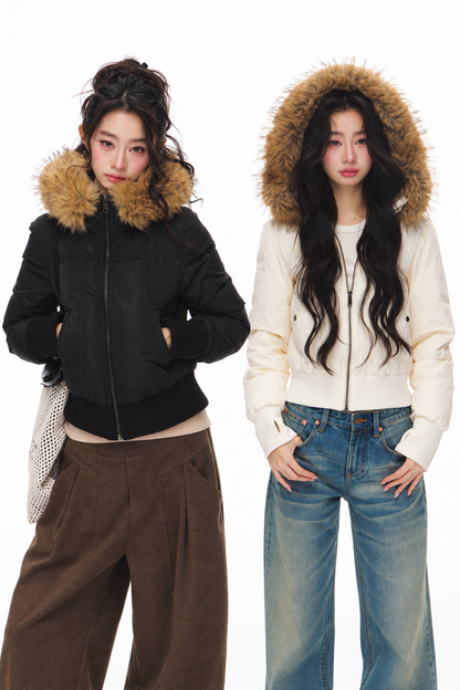 Lightweight Hooded Fur Collar Down Jacket and Pants Set-Up
