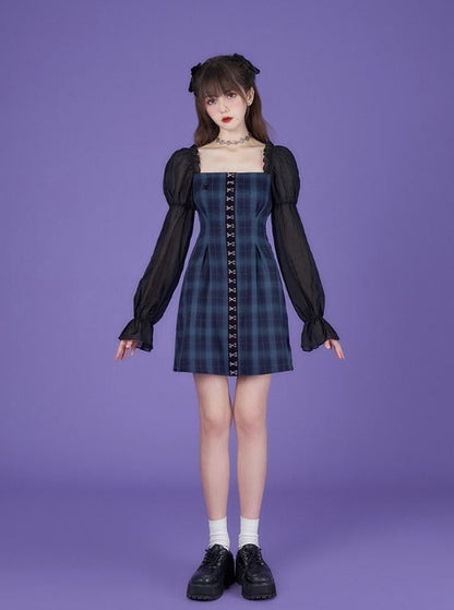 dark blue French long-sleeved dress