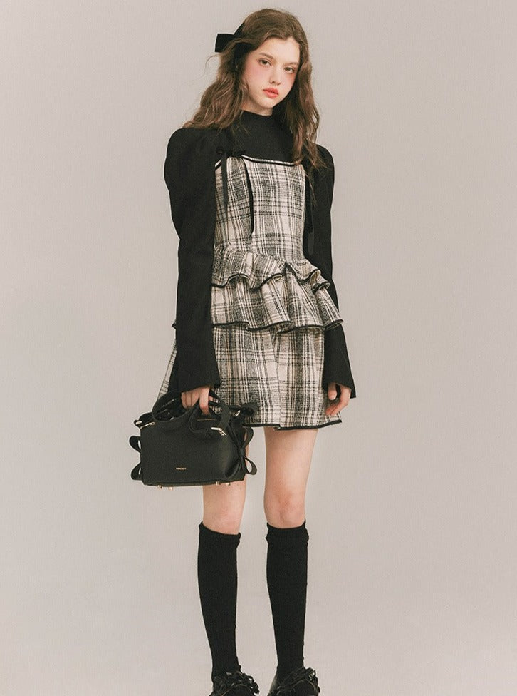 Plaid Cake Skirt Fake Two-piece Dress