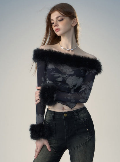 Fur collar long sleeve T-shirt