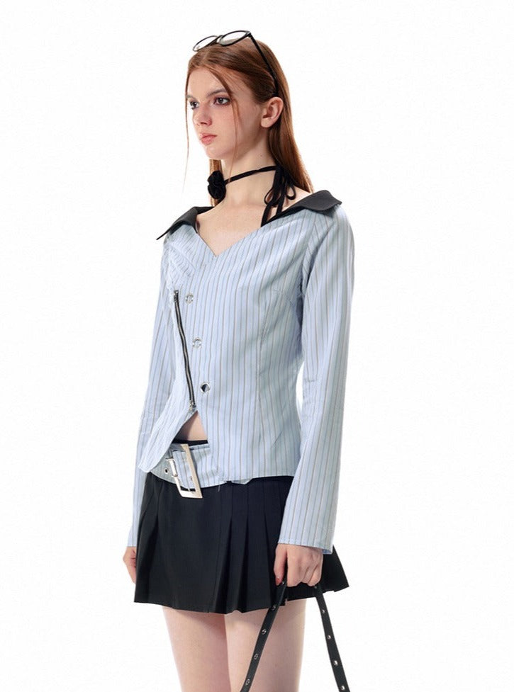 Zipper waist doll collar slit striped Shirt