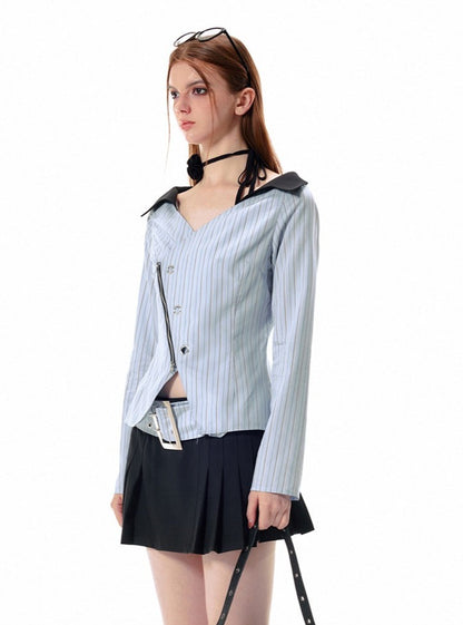 Zipper waist doll collar slit striped Shirt