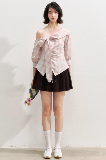 Plaid Bow One-Shoulder Waist Shirt