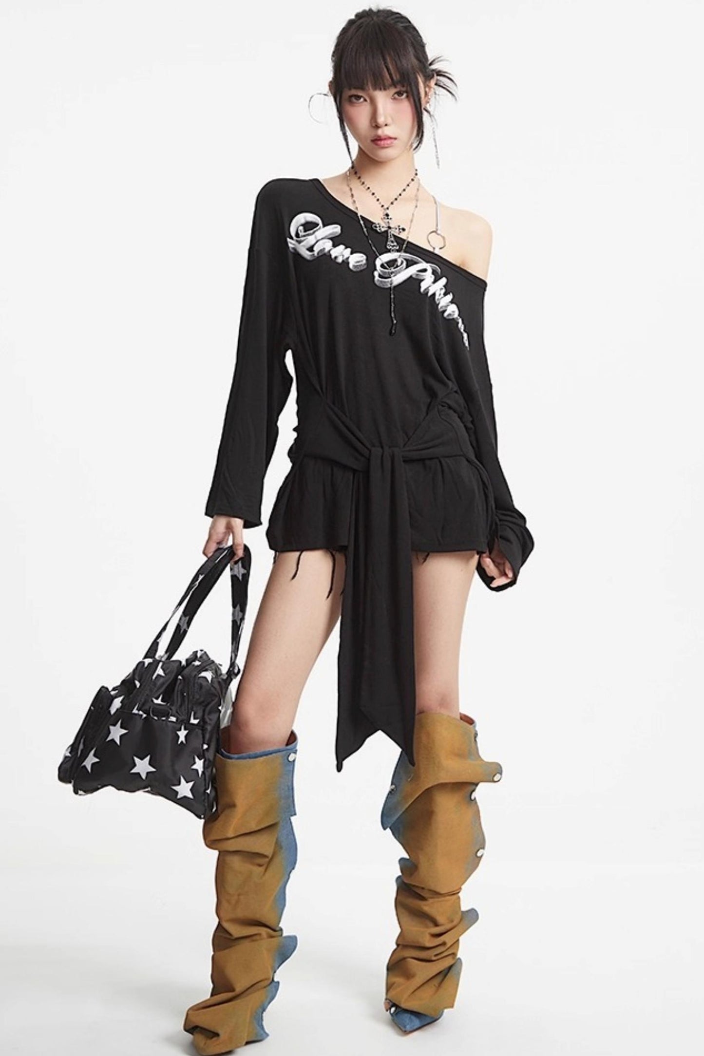 Shoulder Black White Long Sleeve Top