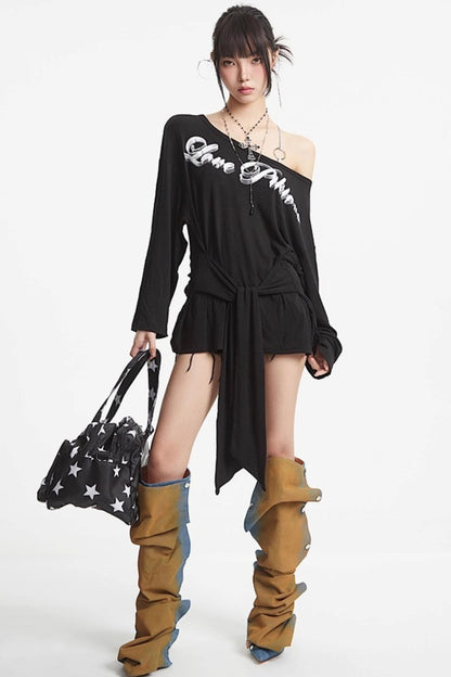 Shoulder Black White Long Sleeve Top