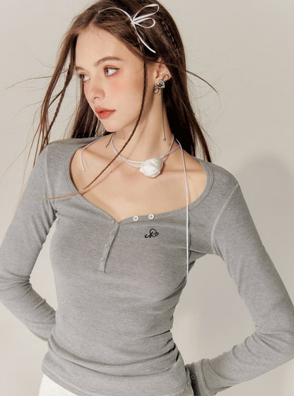 Heart Collar Long Sleeves Base T-Shirt