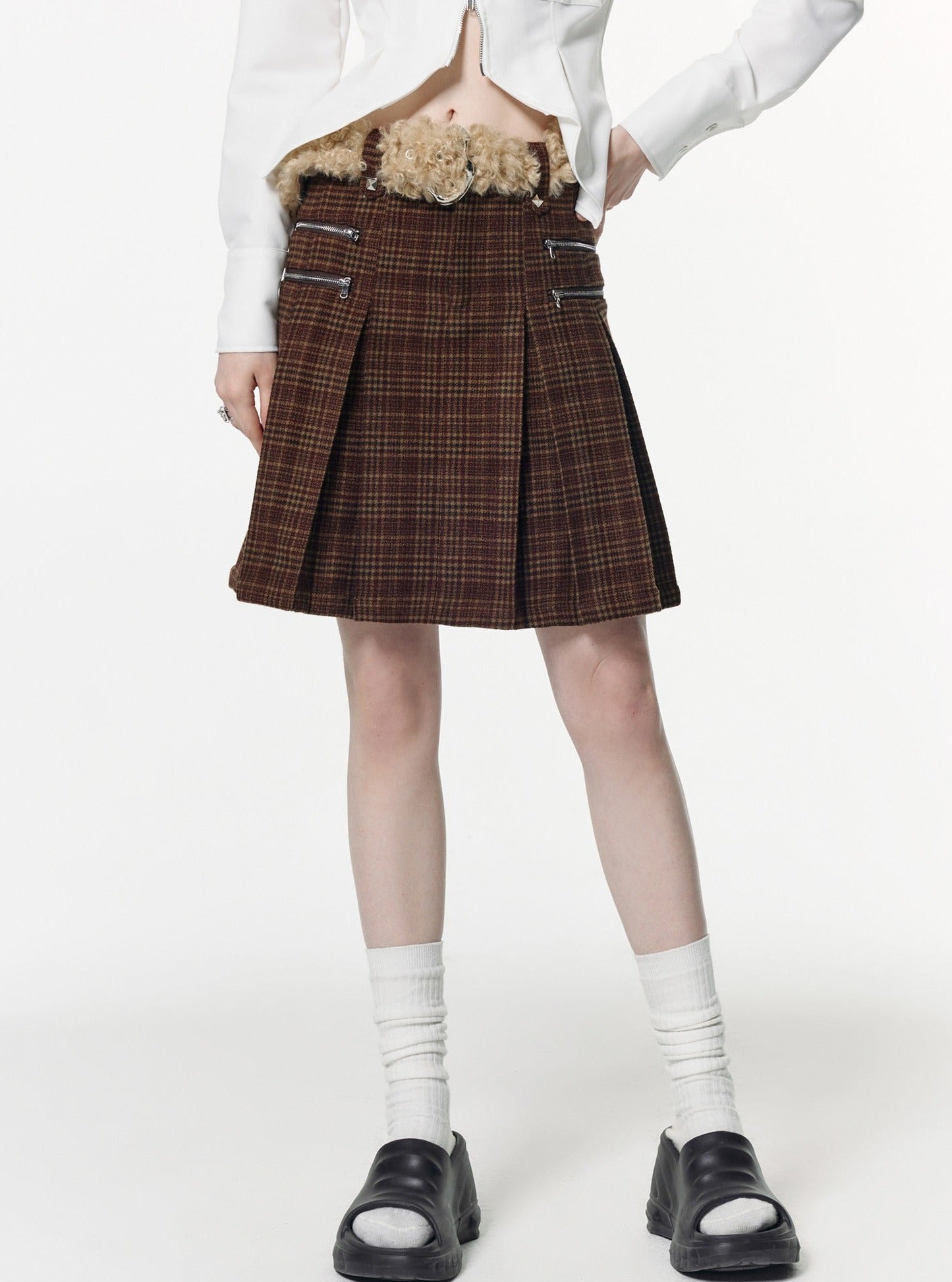 Thickened plaid short  Coat With Skirt Set