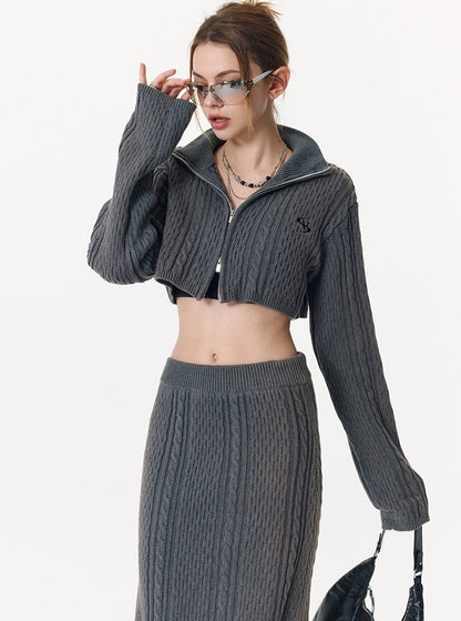 Wash Cropped High Neck Twist Knit Top Suit Skirt Set