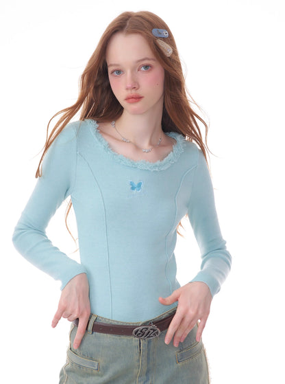 Butterfly embroidery slim thin knitted base shirt