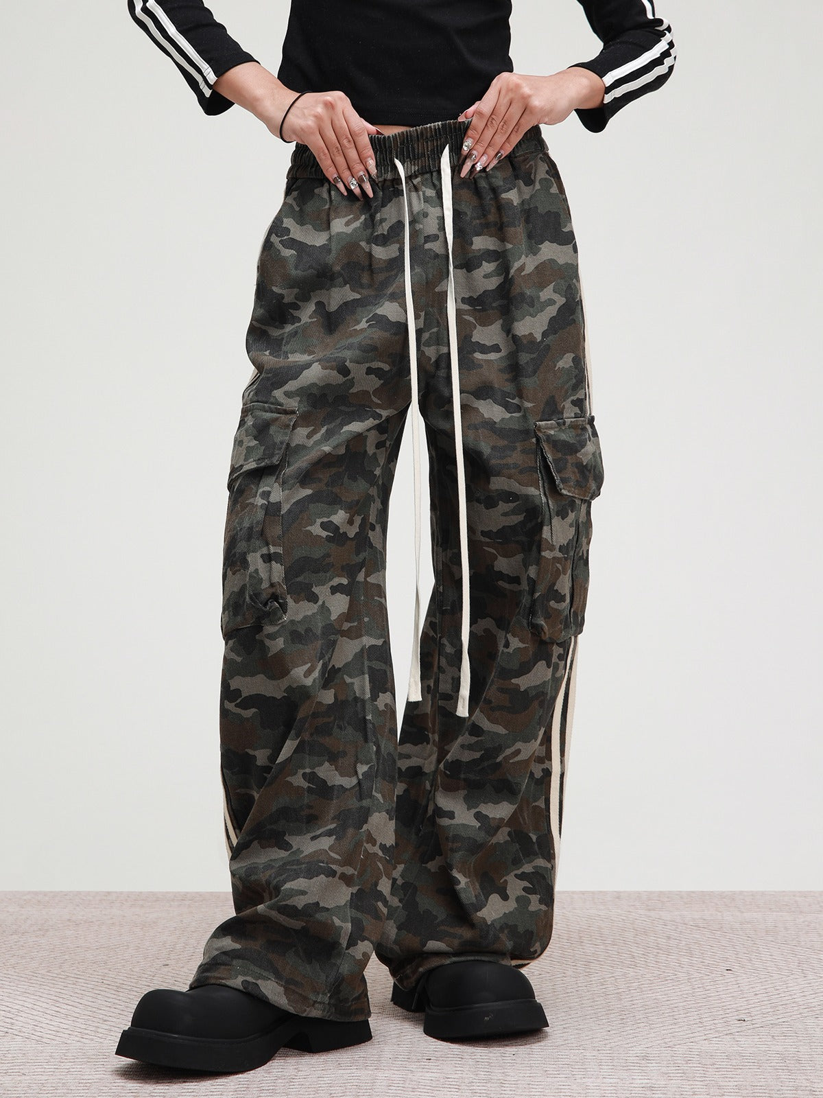 American Lace-up Striped Camouflage Pant