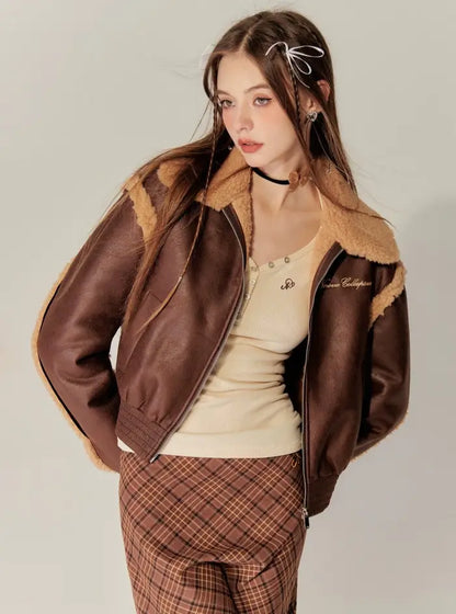 Retro lapel fur integrated jacket