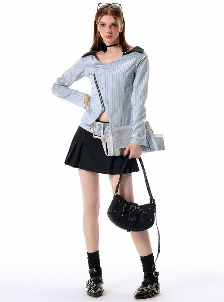 Zipper waist doll collar slit striped Shirt