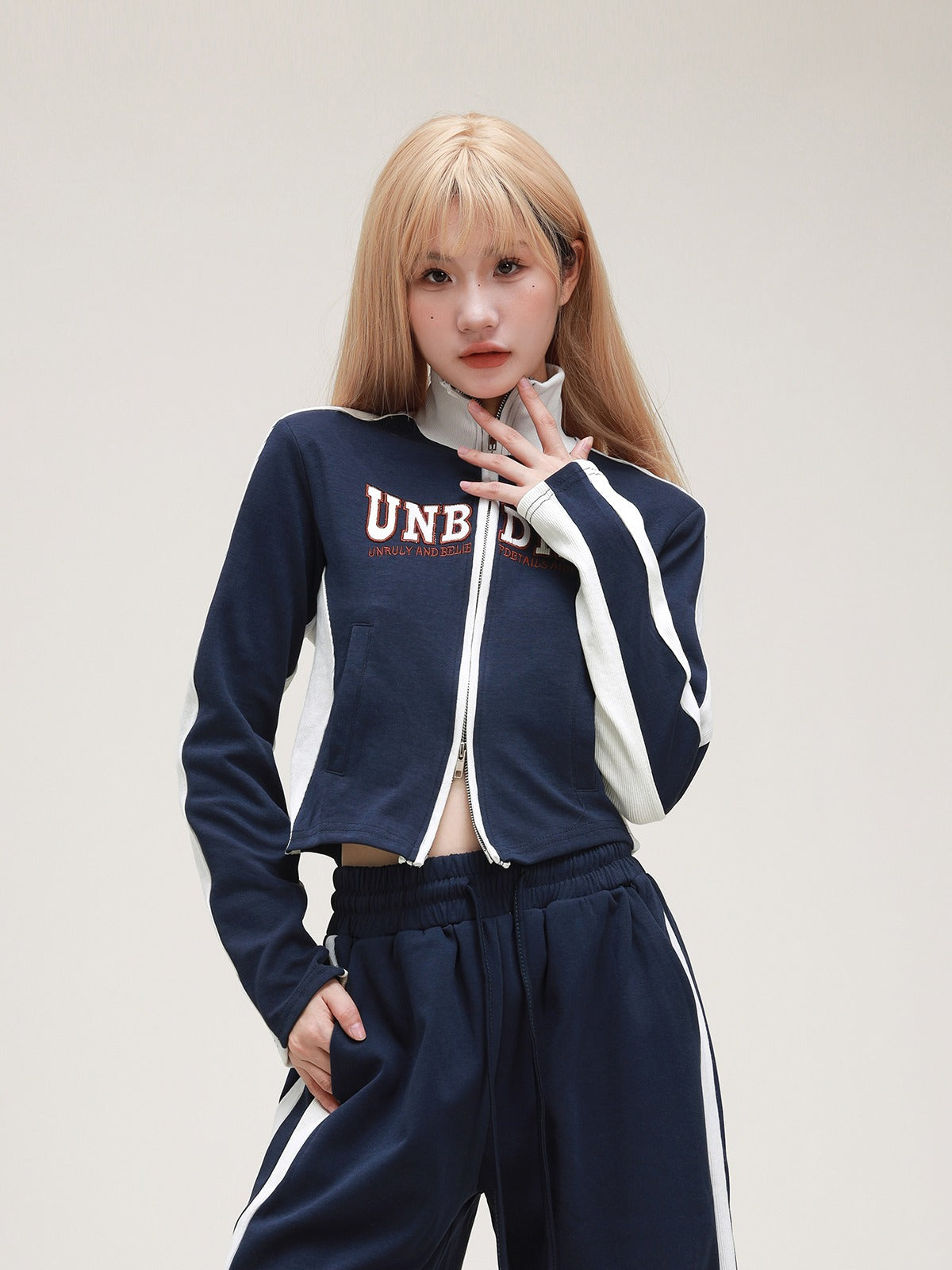 American Striped Stand Collar Jacket Pants Set-up