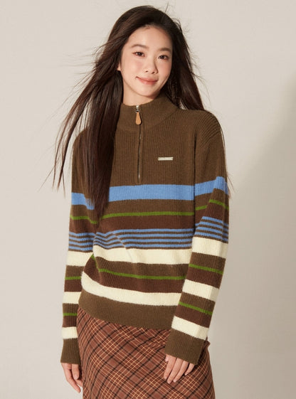 Retro Half-Zip High Neck Contrasting Striped Sweater