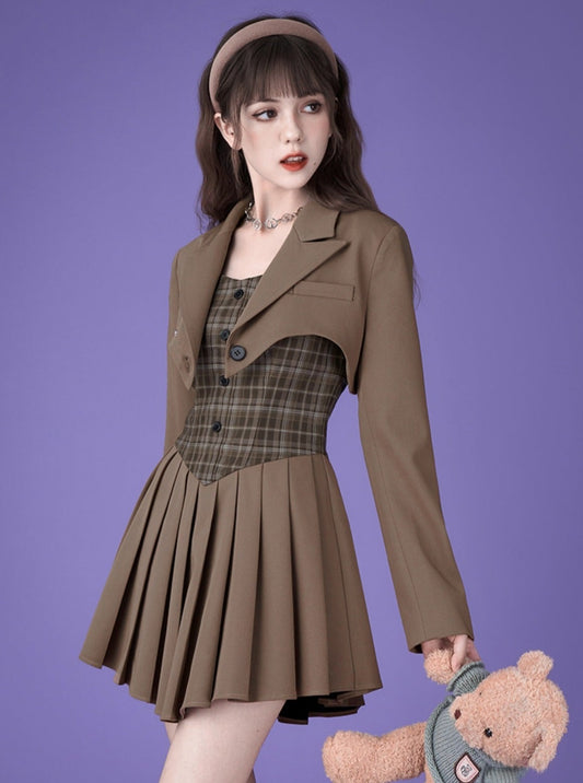 American college style brown grid suit dress set