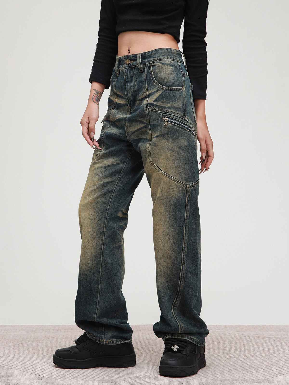 American patchwork washed jeans pants