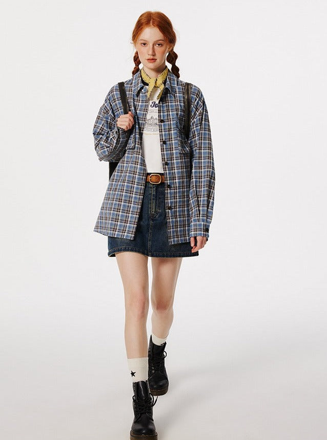 Retro Plaid Langarm japanischer Hemdjacke