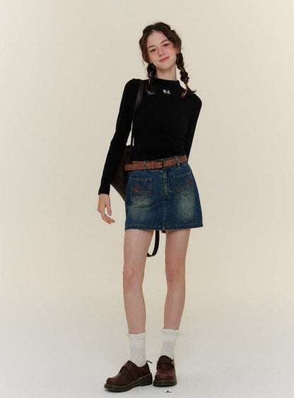 AMERICAN RETRO WAIST A-LINE SMALL DENIM  SKIRT