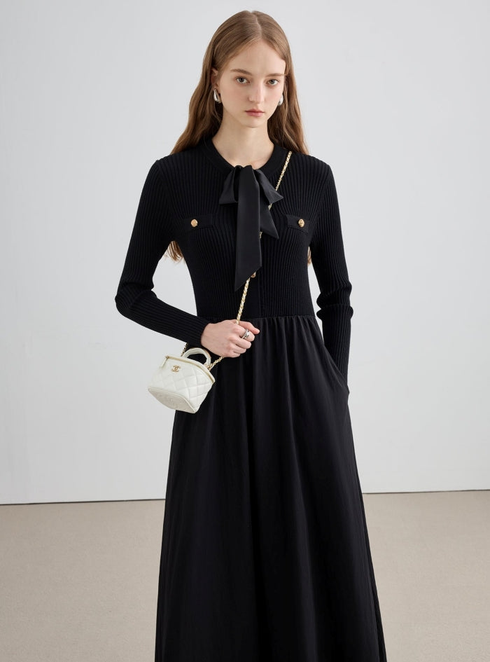 Slim Long-sleeved Knitted Splicing Dress