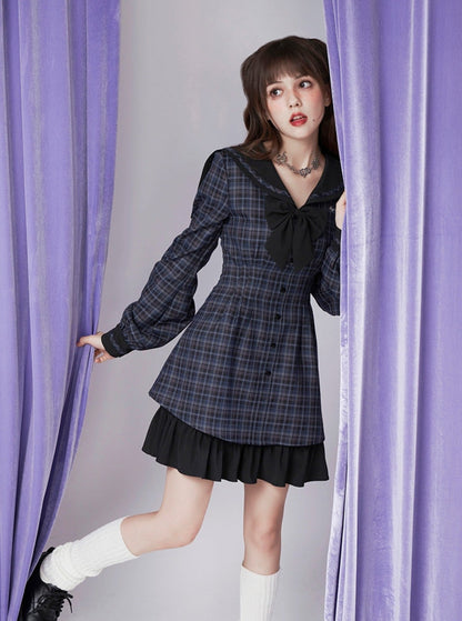 navy collar balloon sleeve plaid dress