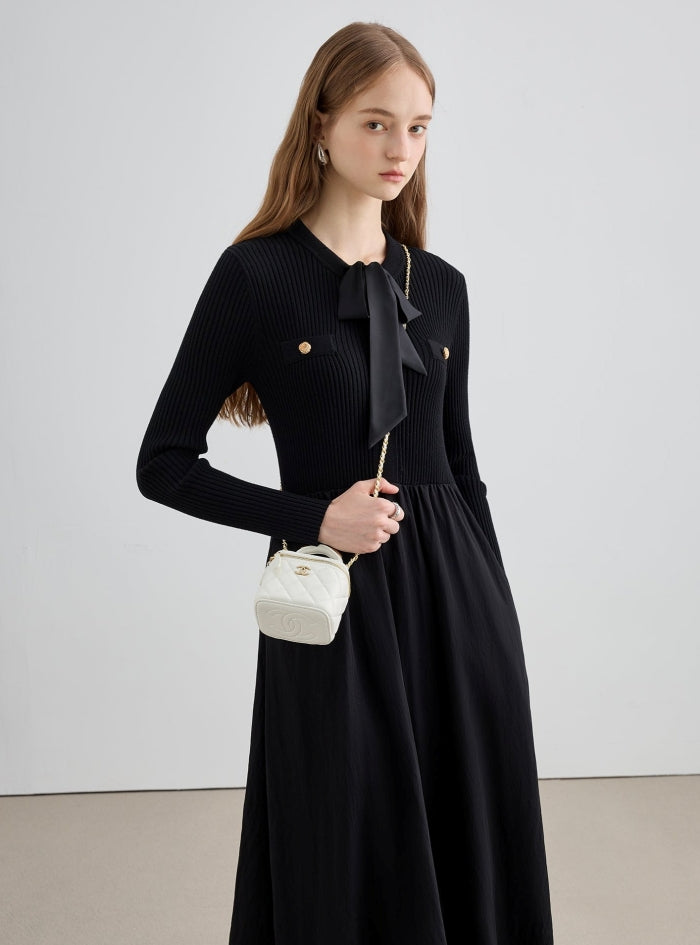 Slim Long-sleeved Knitted Splicing Dress