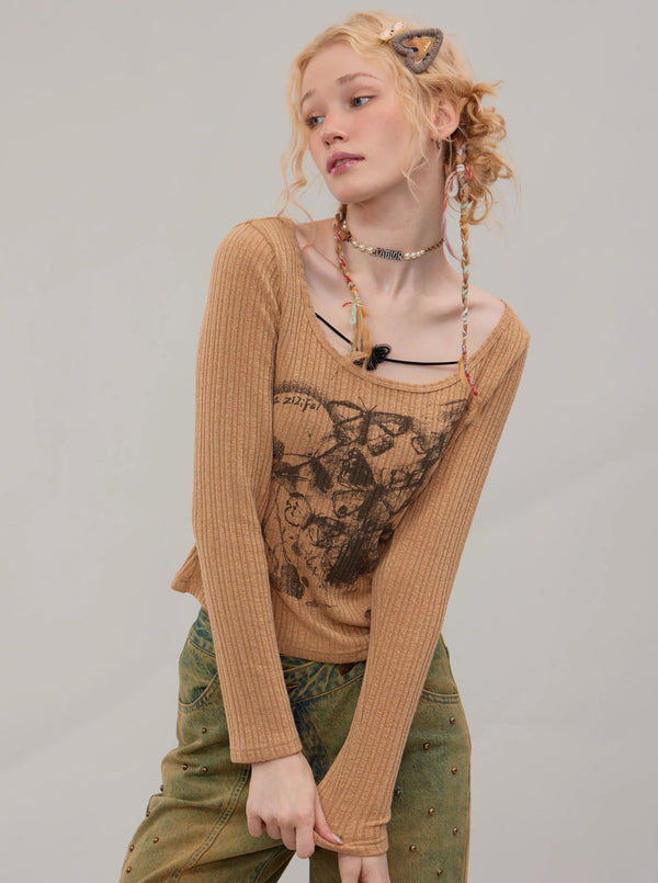 American vintage butterfly long sleeve T-shirt