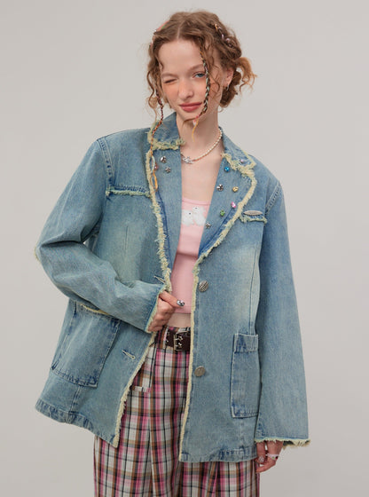 American vintage diamond denim blazer jacket