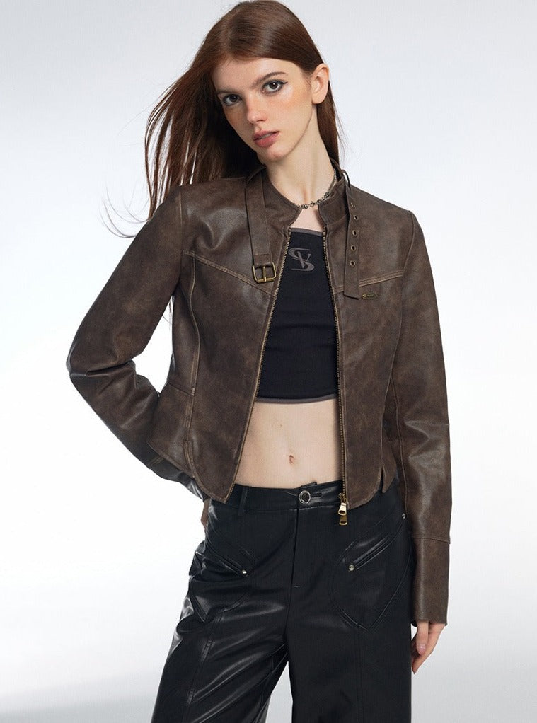 Retro Slim Brown Stand Collar Leather Jacket