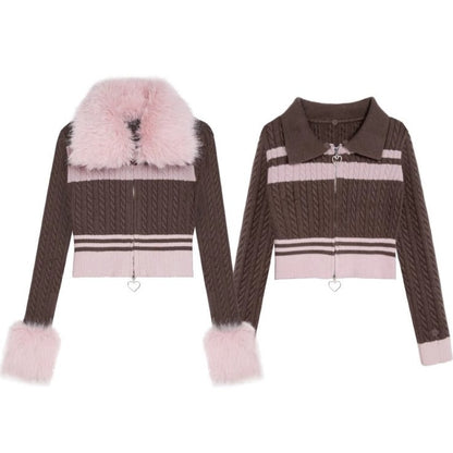 Double Zip Knit Sweater Detachable Fur Tops