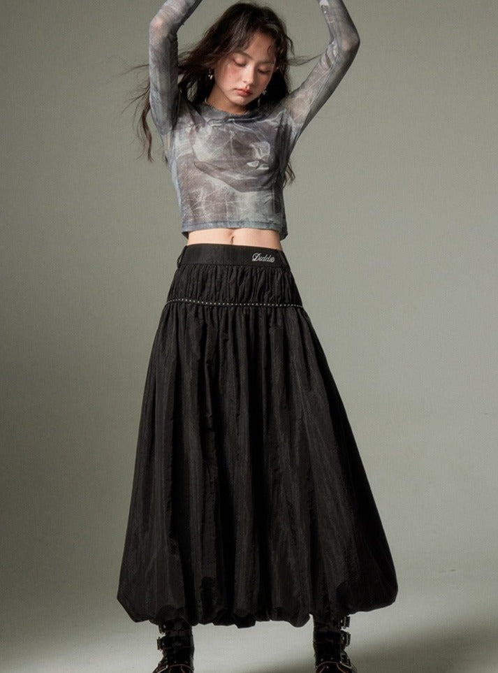 SOLID COLOR STUD BLACK A-LINE LONG SKIRT