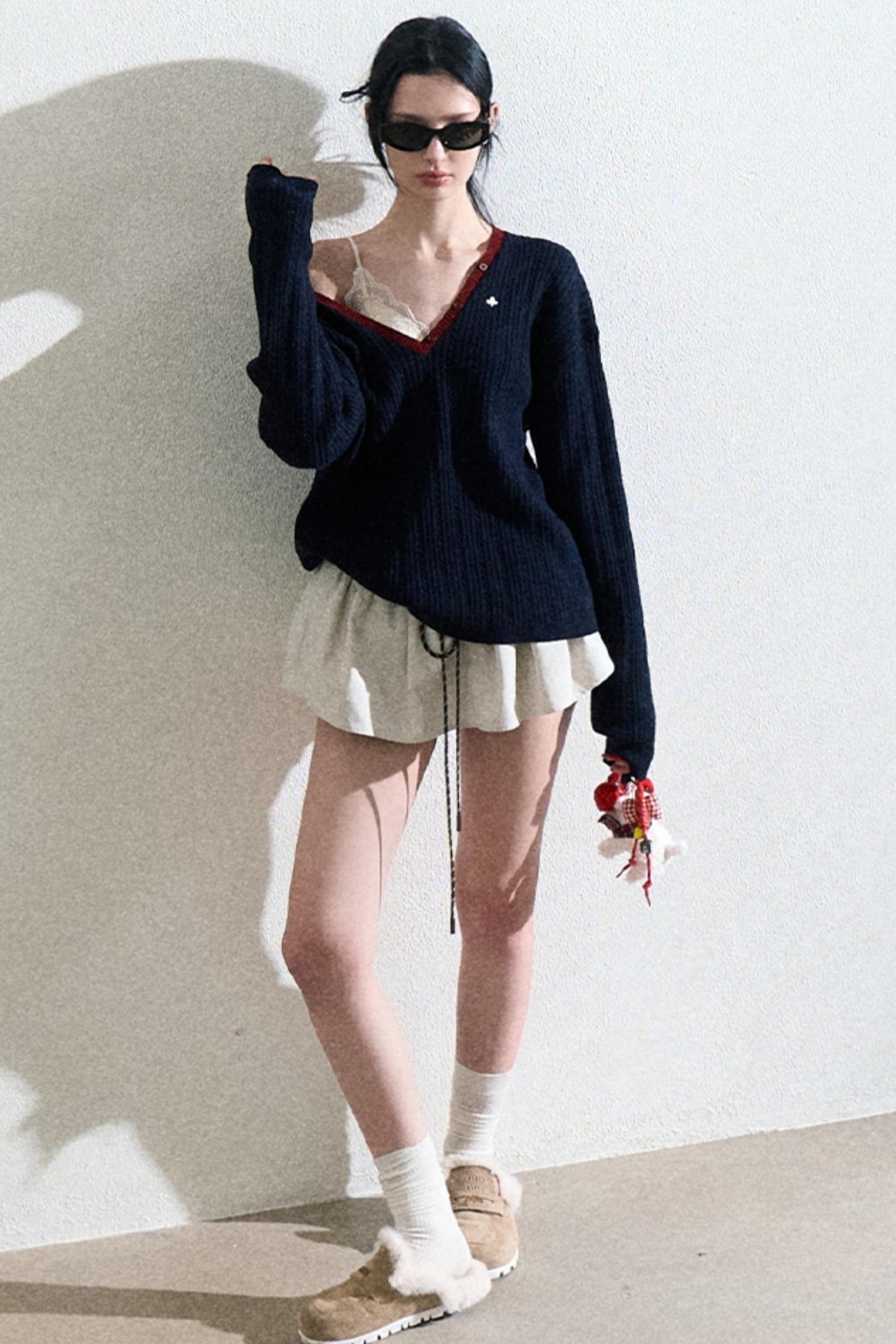 V-Neck Wool Cable Knit Top