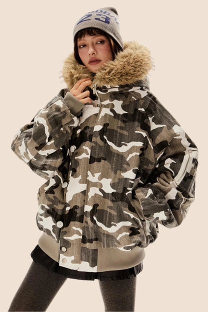 Retro Camouflage Fur Hooded Jacket