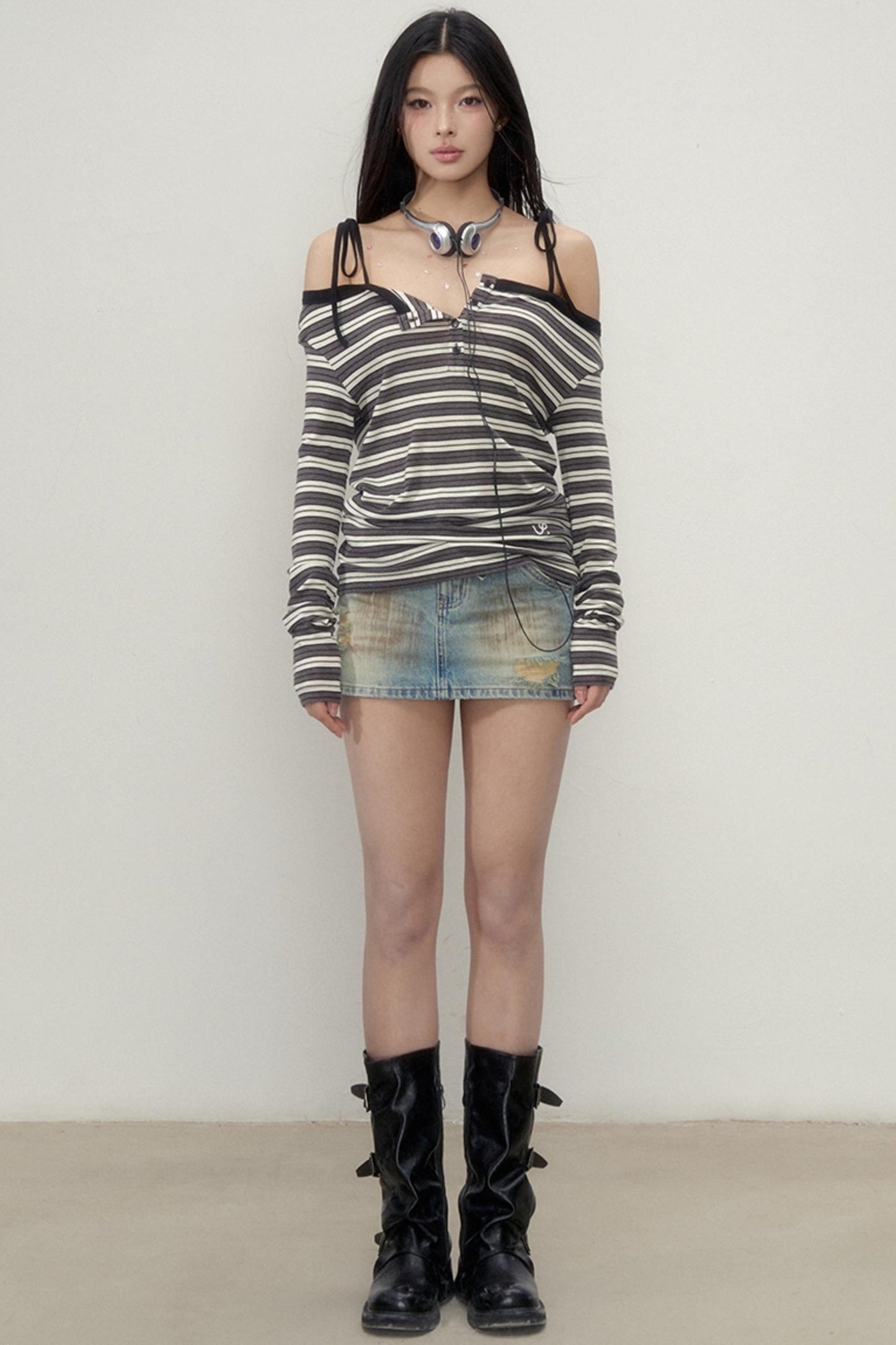 Einseitiges Wollmischung Langarmoberteil 