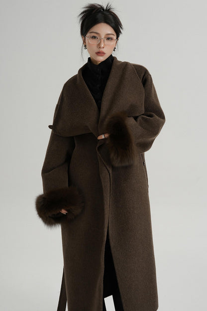 Fur Sleeve Long Woolen Coat