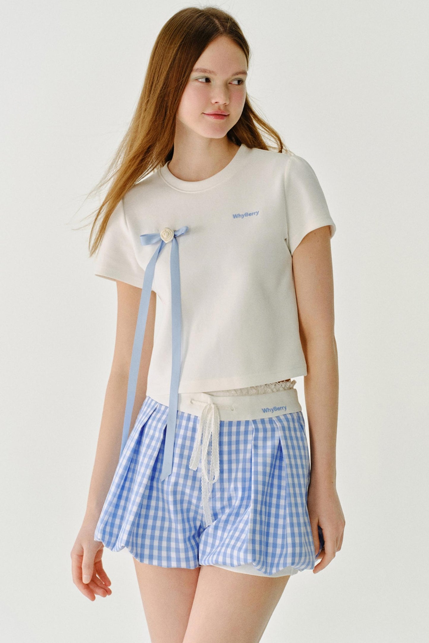 리본 디테일 레터 프린트 티셔츠 